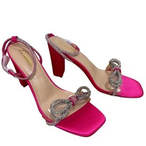 Hot Pink Rhinestone Bow Open Toe Block Heel Sandals NWT